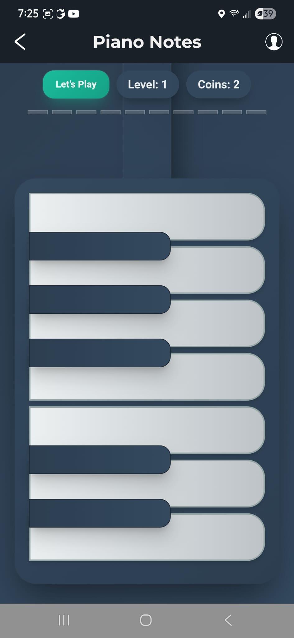 Piano Notes screen in the TWOM app