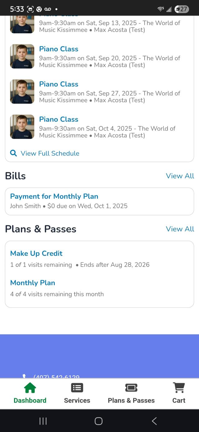 Pike13 parent portal dashboard showing upcoming schedule, bills, and plans