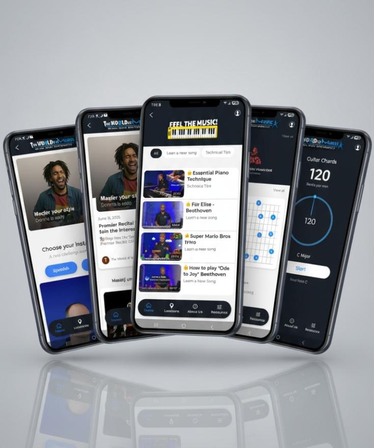 The World of Music app shown on multiple phones — video lessons, metronome, guitar chords, home dashboard
