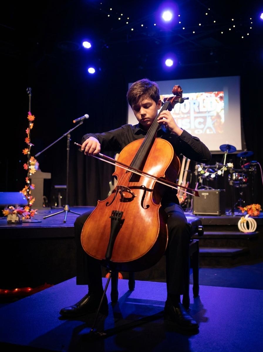 Cello student performing on stage at recital