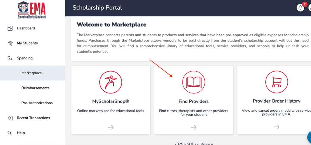 EMA Marketplace showing Find Providers option