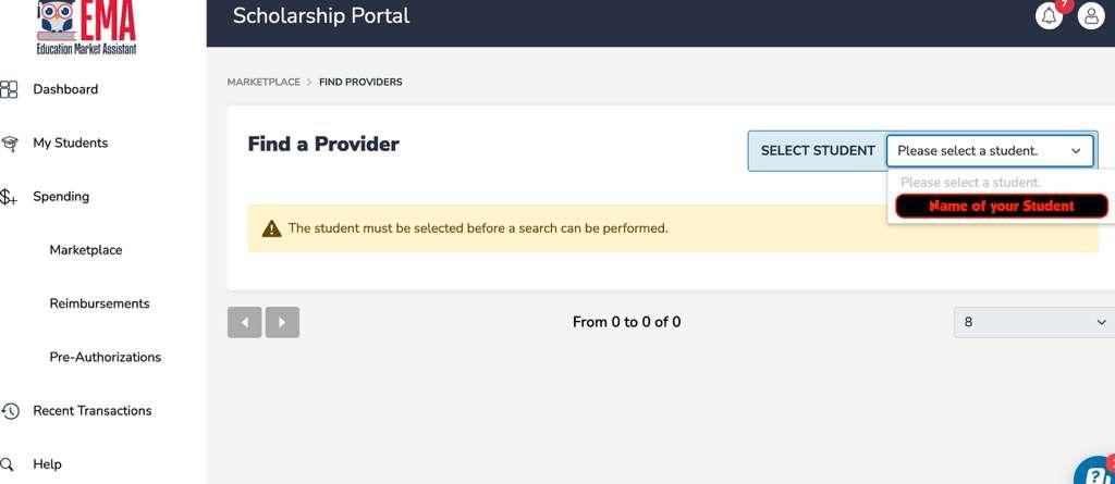 EMA Find Providers page with Select Student dropdown