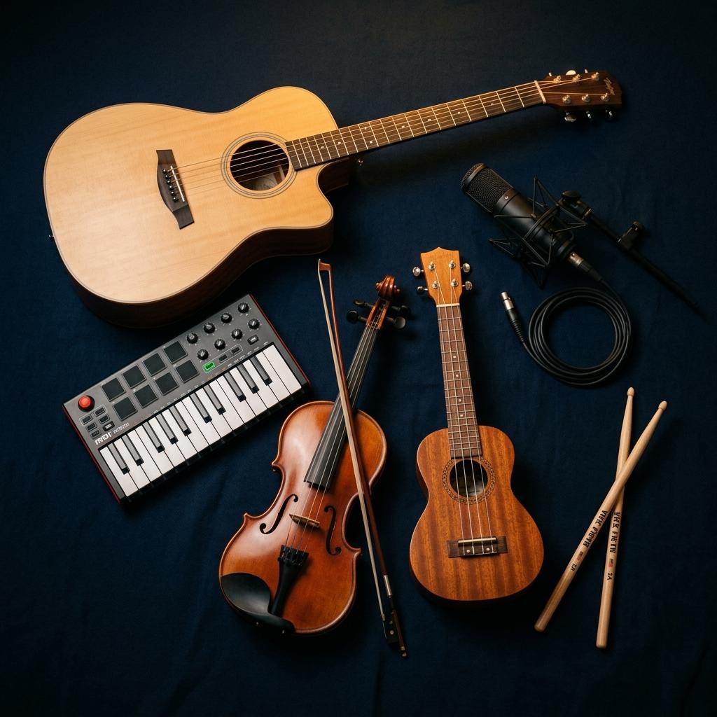Instrumentos musicales organizados — guitarra, violín, ukelele, teclado, micrófono, baquetas