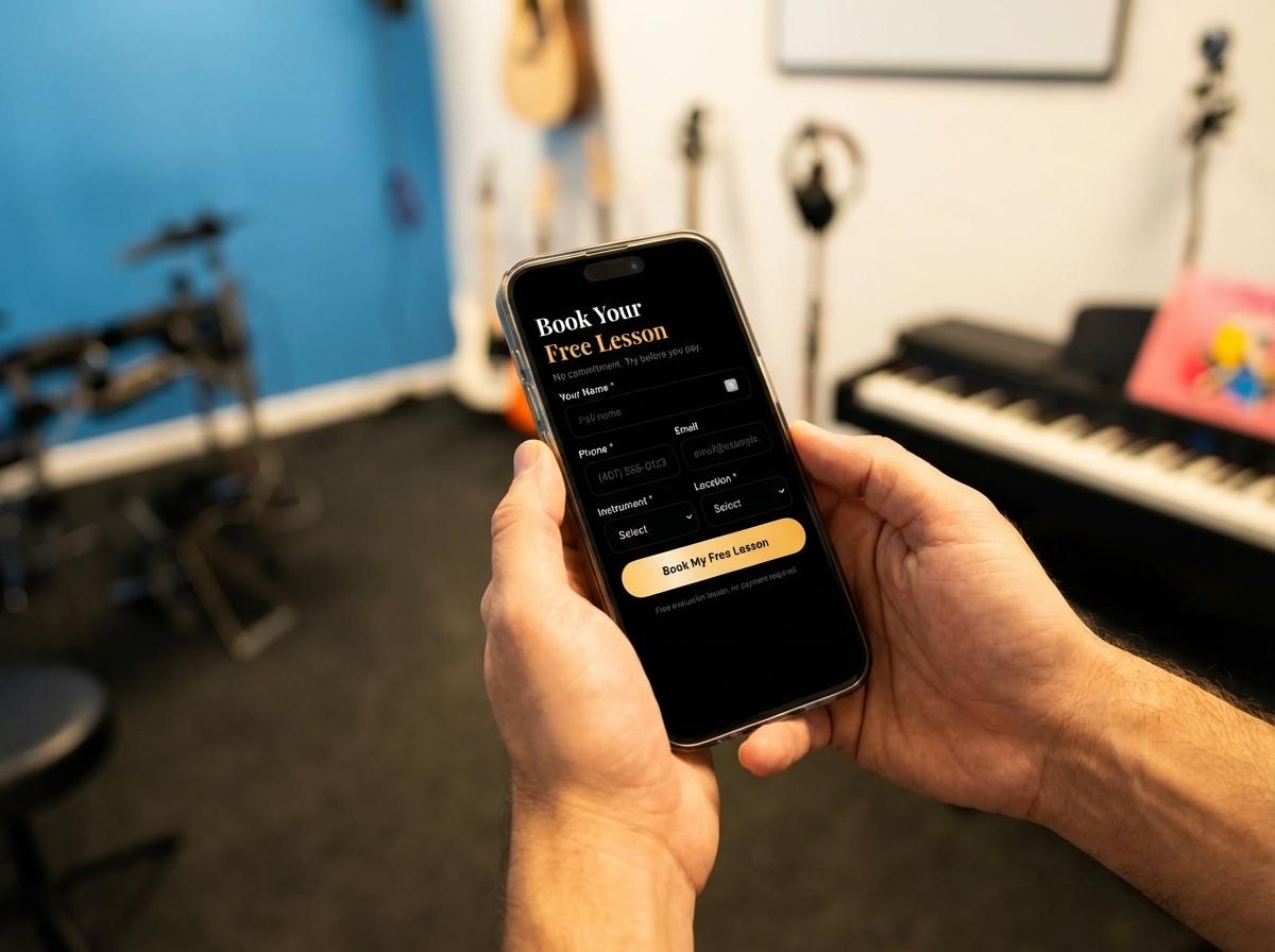 Padre reservando una clase de música gratis desde su teléfono en The World of Music School