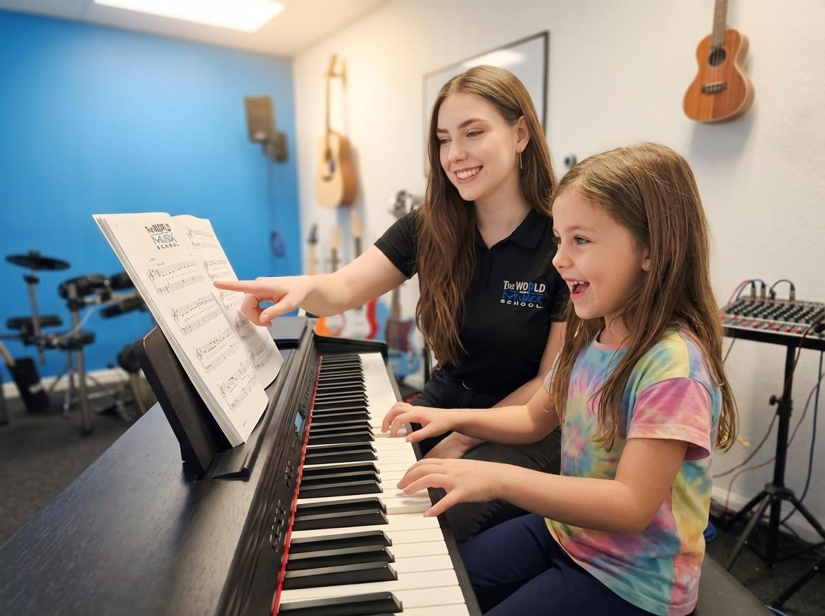 Maestro y estudiante entusiasmado en una clase de piano en The World of Music School
